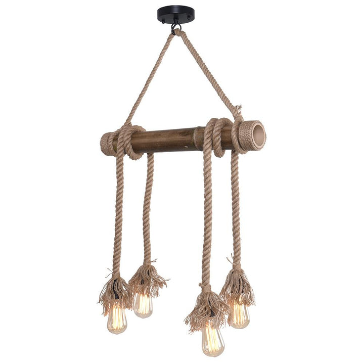 Lámpara de techo estilo granja vintage, con cuerda de cáñamo y acentos de madera. Perfecta para interiores rústicos.