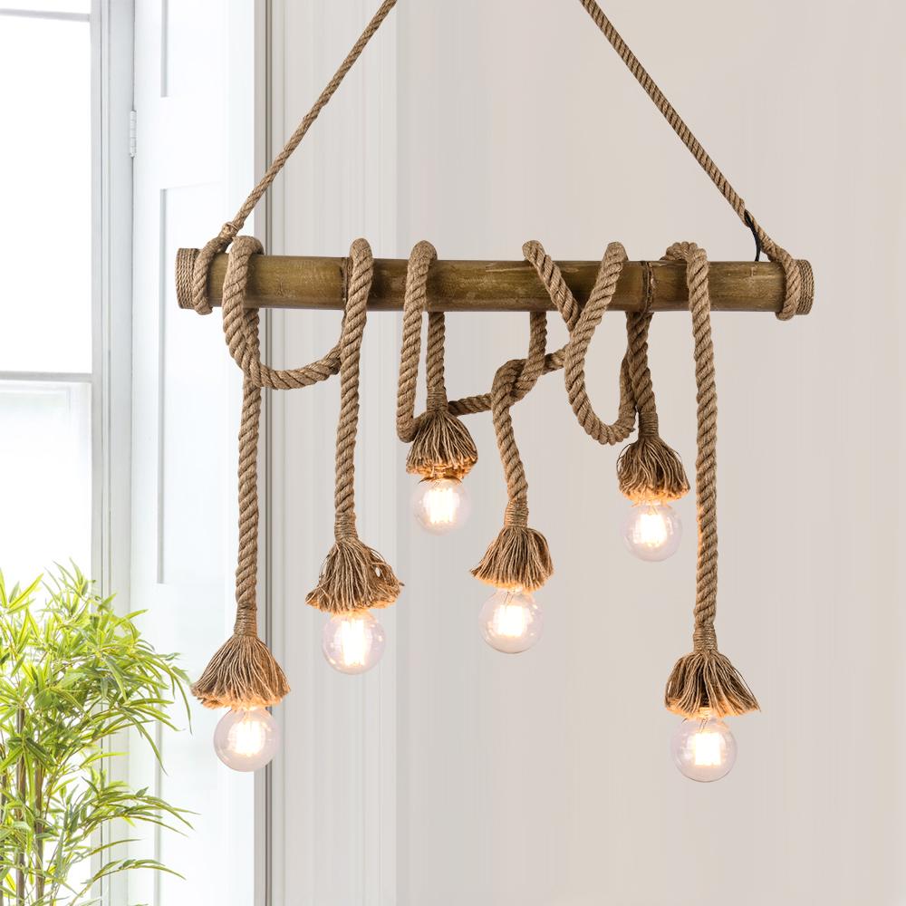 Lámpara de techo rústica de granja con cuerda de cáñamo y detalles de madera. Iluminación vintage.