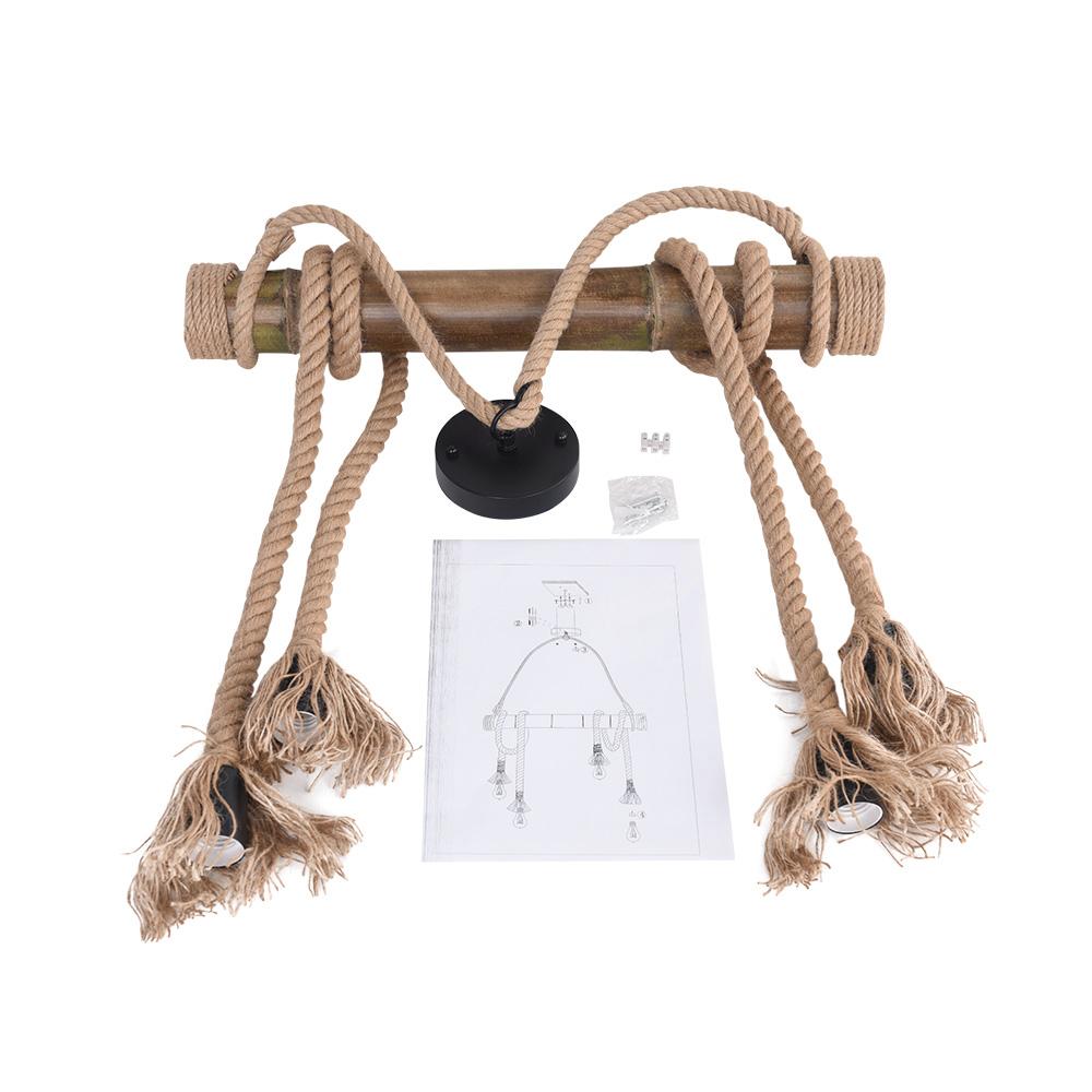 Lámpara colgante de granja con cuerda de cáñamo y madera, ideal para decoración rústica de interiores.