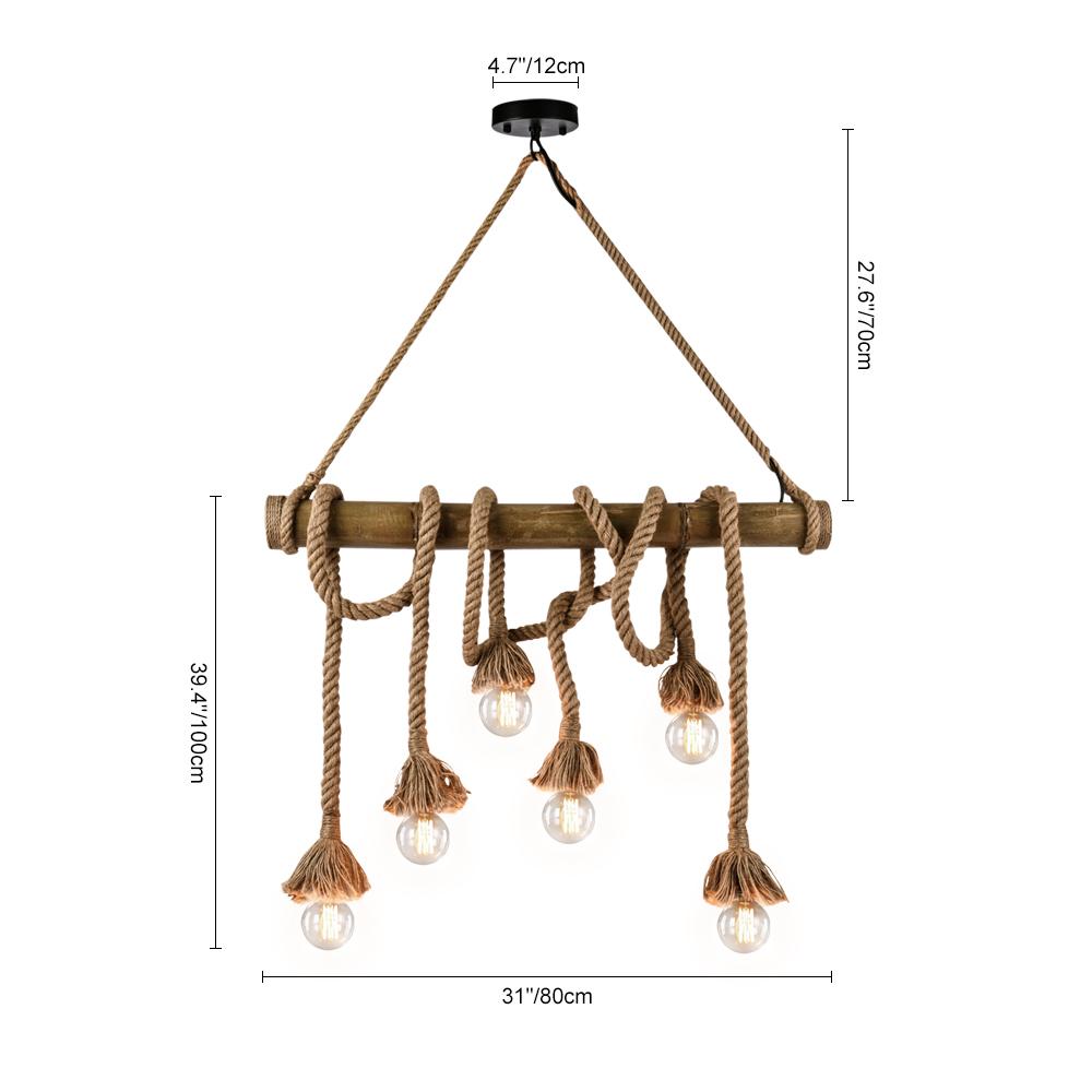 Lámpara de techo tipo candelabro rústico de granja. Cuerda de cáñamo y madera para decoración vintage interior.