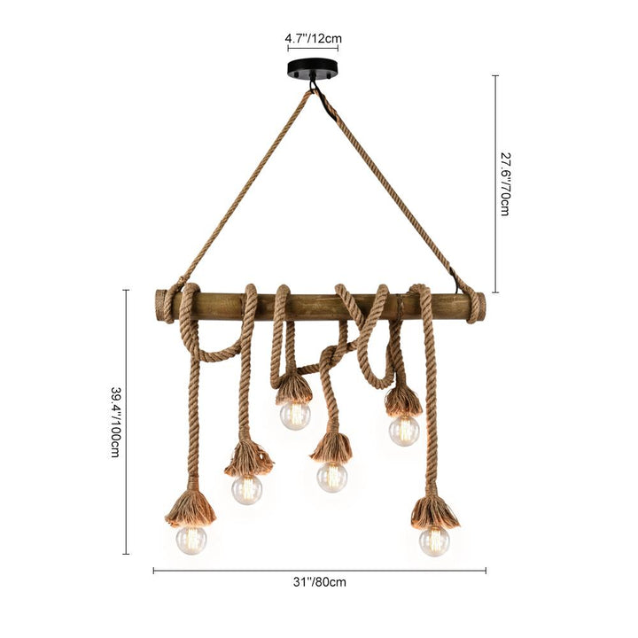 Lámpara de techo tipo candelabro rústico de granja. Cuerda de cáñamo y madera para decoración vintage interior.