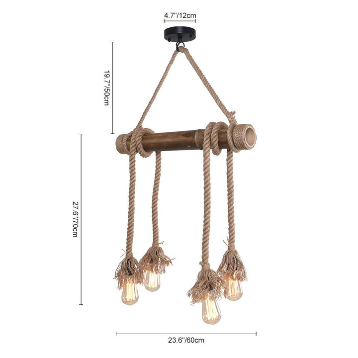 Diseño único de lámpara de techo rústica de granja con cuerda de cáñamo artesanal y acabados de madera.