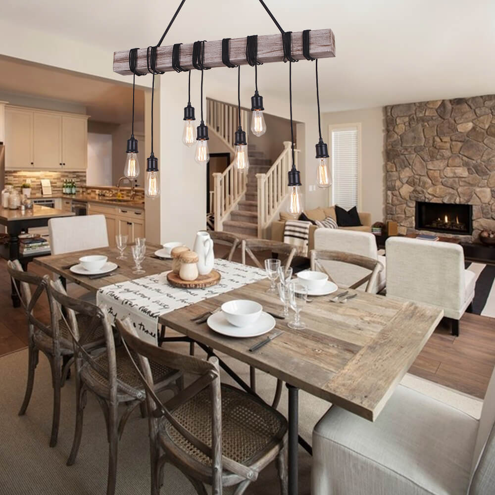 Lámpara de techo rústica de madera para granja, ocho luces. Perfecta para comedor.