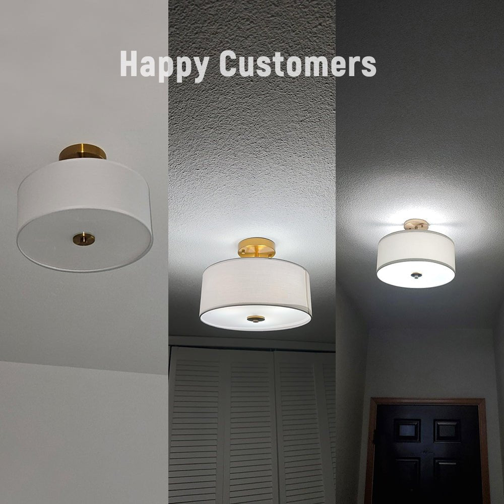 Lámpara de techo moderna semi empotrada con pantalla de lino, 2 luces, estilo escandinavo.