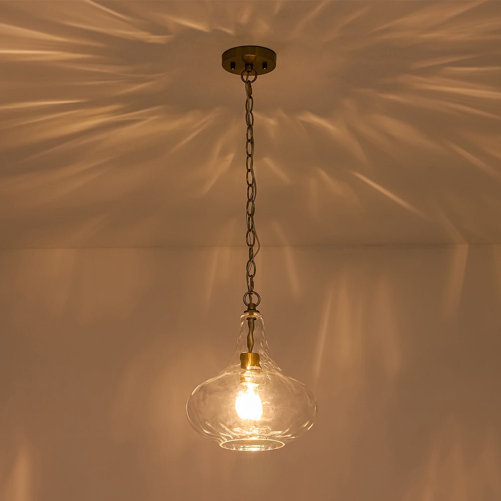 Colgante de techo de vidrio martillado, lámpara de gota con acabados en níquel, ideal para ambientes modernos.