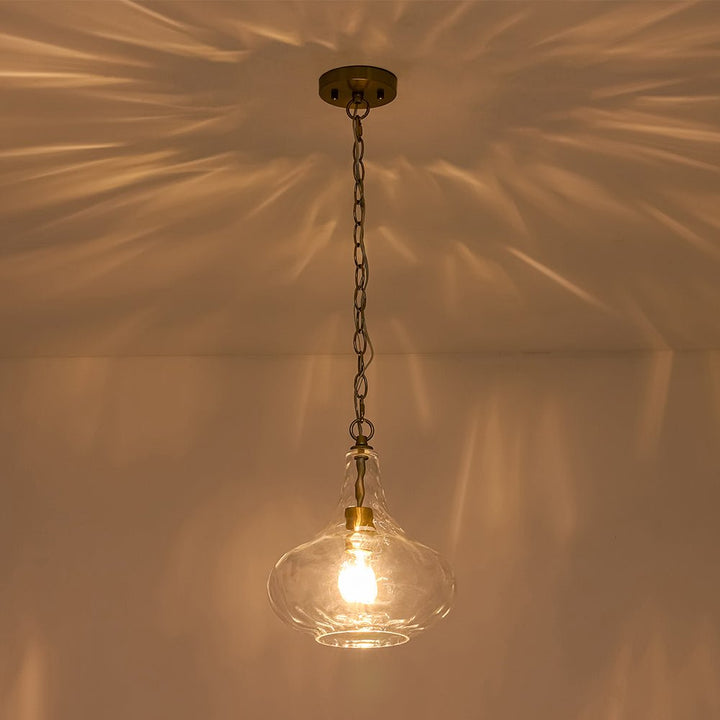 Colgante de techo de vidrio martillado, lámpara de gota con acabados en níquel, ideal para ambientes modernos.