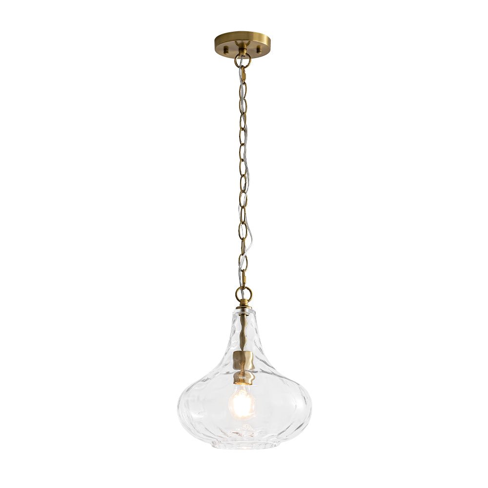 Lámpara colgante de vidrio martillado con detalles en latón, diseño de gota para decoración hogar moderna.