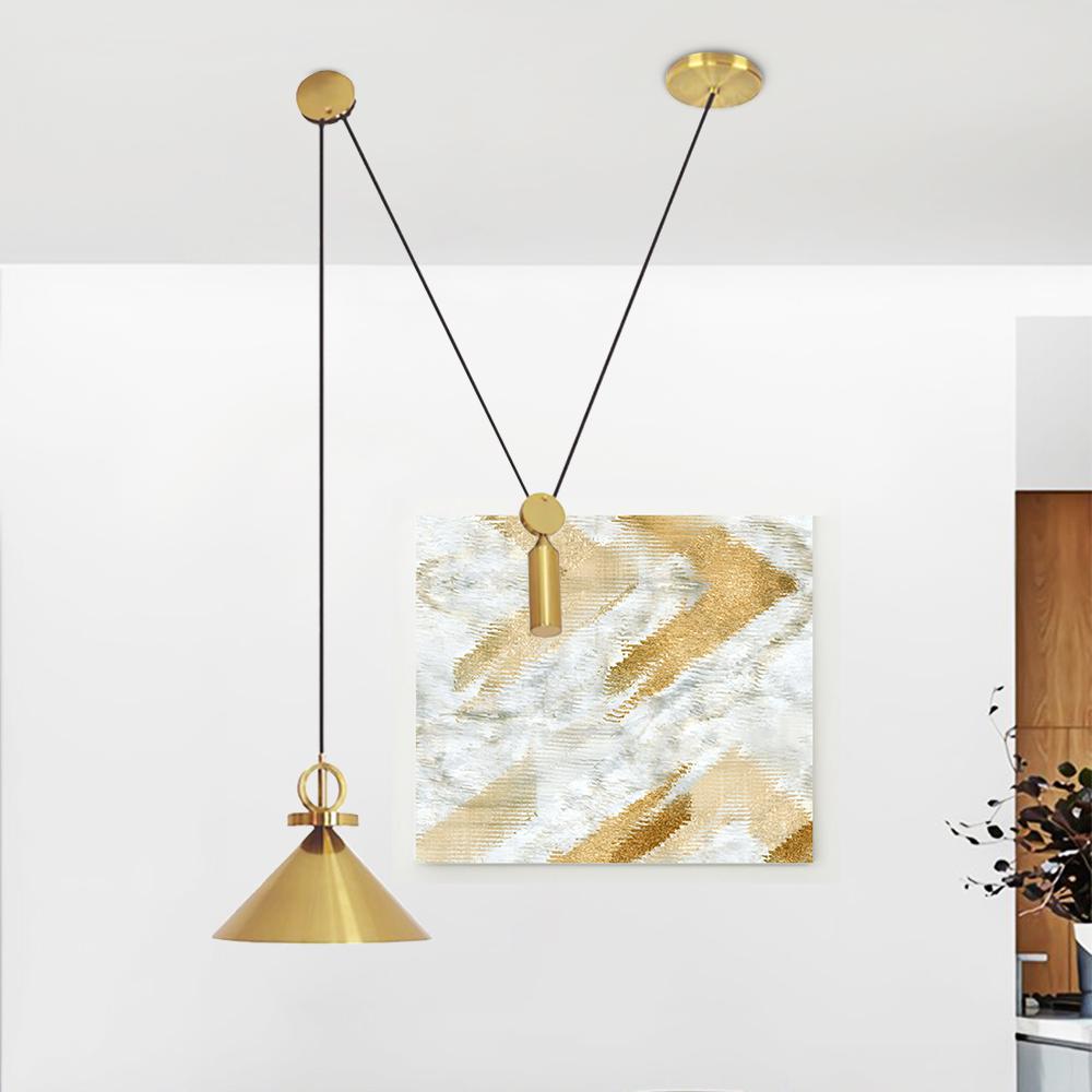 Iluminación colgante de techo ajustable, estilo moderno dorado. Perfecta para sala de estar o comedor.