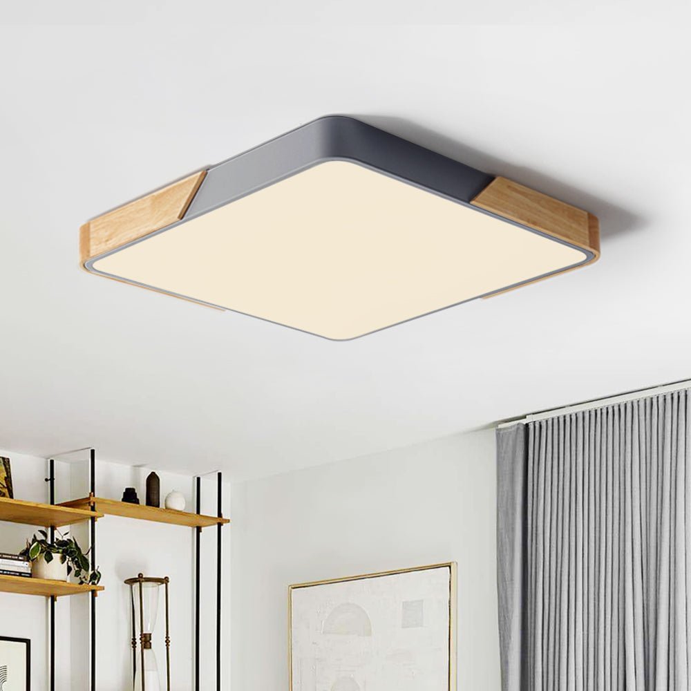 Moderna lámpara LED de techo cuadrada con acabado de madera, luz regulable, ideal para interiores.