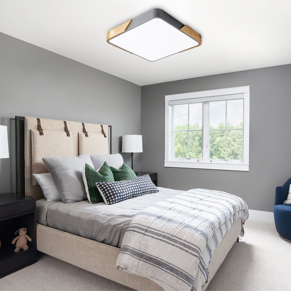 Luz LED de techo cuadrada regulable con marco de madera, iluminación moderna para cualquier interior.