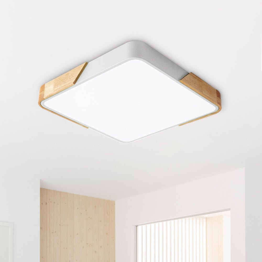 Diseño de lámpara LED cuadrada para techo con efecto madera, regulable, ideal para crear ambientes.