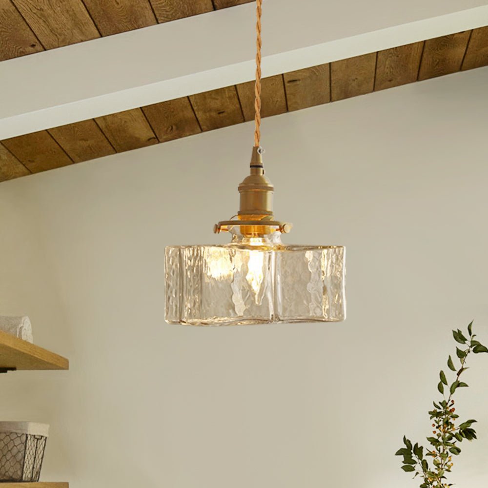 Lámpara diseño retro cuadrada, 1 luz, vidrio martillado. Crea luz ambiente acogedora.