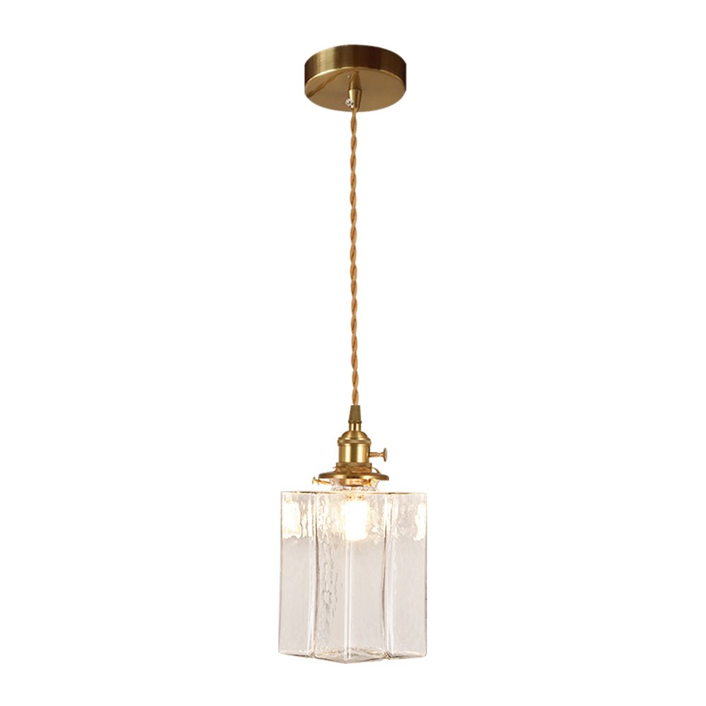 Lámpara cuadrada vidrio martillado, latón. Colgante vintage para decoración de hogar moderno.