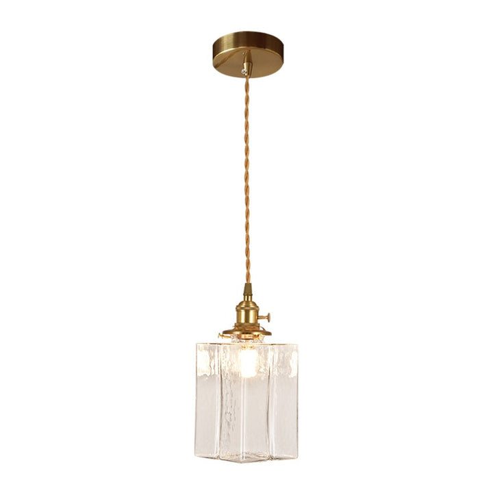 Lámpara cuadrada vidrio martillado, latón. Colgante vintage para decoración de hogar moderno.