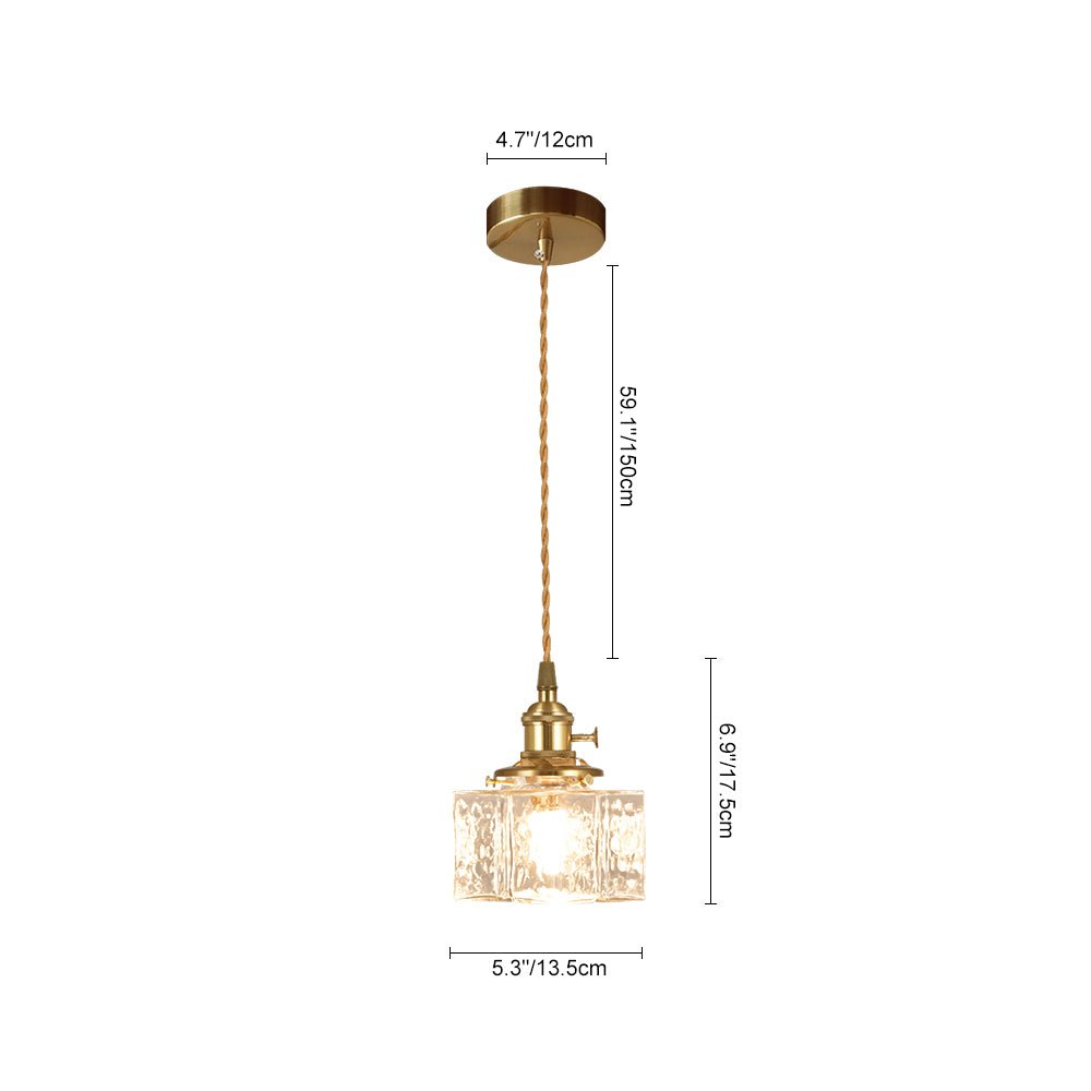 Lámpara diseño industrial, vidrio martillado. Colgante cuadrado para iluminación interior.