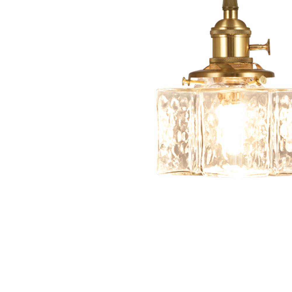 Lámpara vintage de 1 luz, vidrio martillado. Colgante cuadrado para decoración retro.