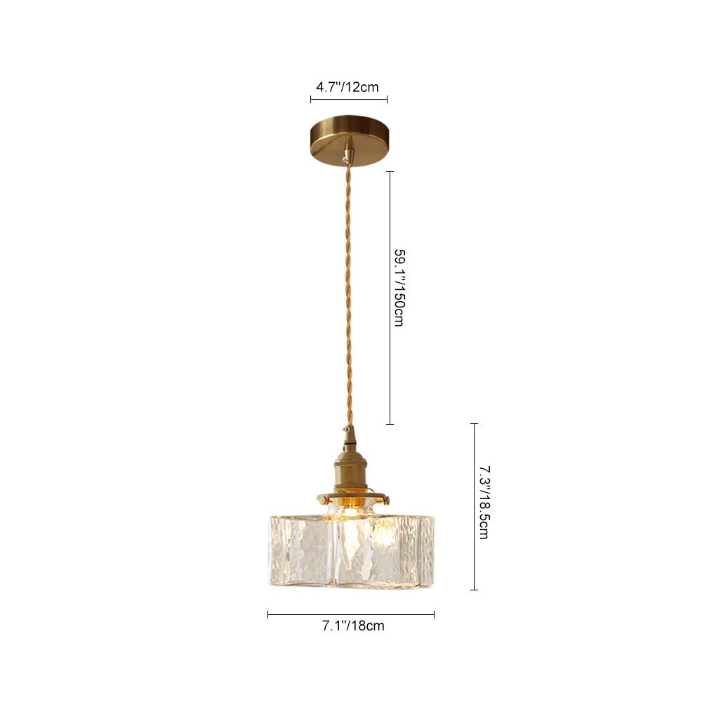 Iluminación colgante vintage, vidrio martillado cuadrado. Lámpara de techo decorativa hogar.