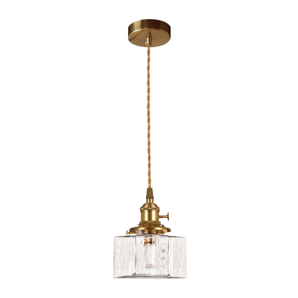 Colgante de latón, vidrio martillado. Lámpara cuadrada de diseño vintage para luz ambiente.