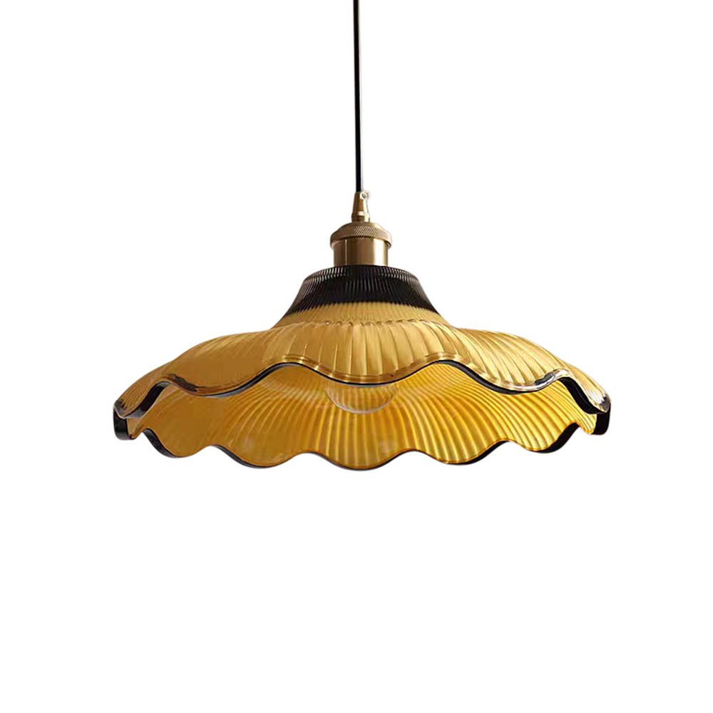 Iluminación decorativa vintage: lámpara colgante de flor amarilla con pantalla estriada. Diseño único.