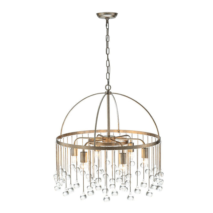 Iluminación vintage E27: candelabro plateado de 6 luces con adornos de cristal.