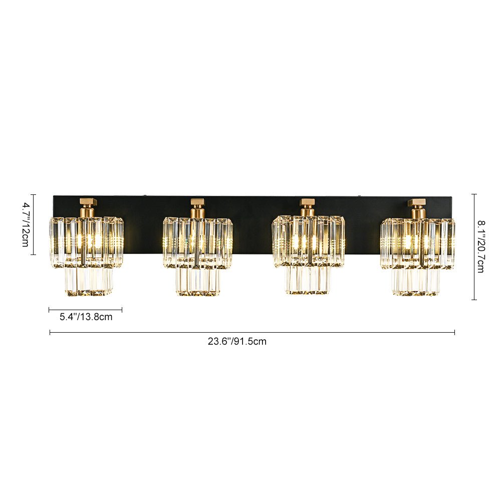 Aplique vintage dorado para baño, diseño glamuroso cristalino de 4 luces.
