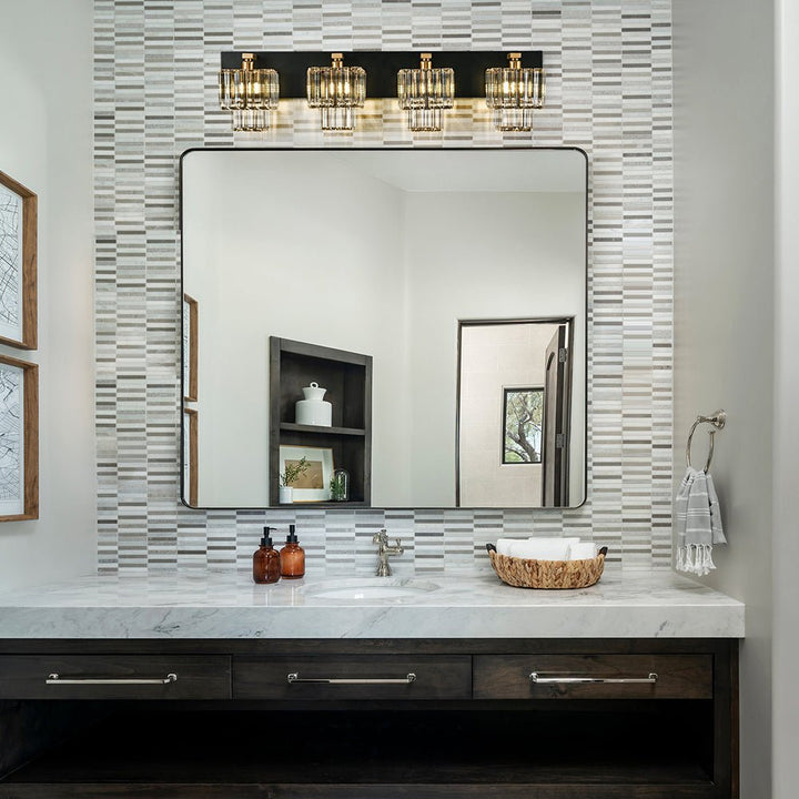 Aplique de tocador dorado y cuadrado, 4 luces de cristal para baño moderno.