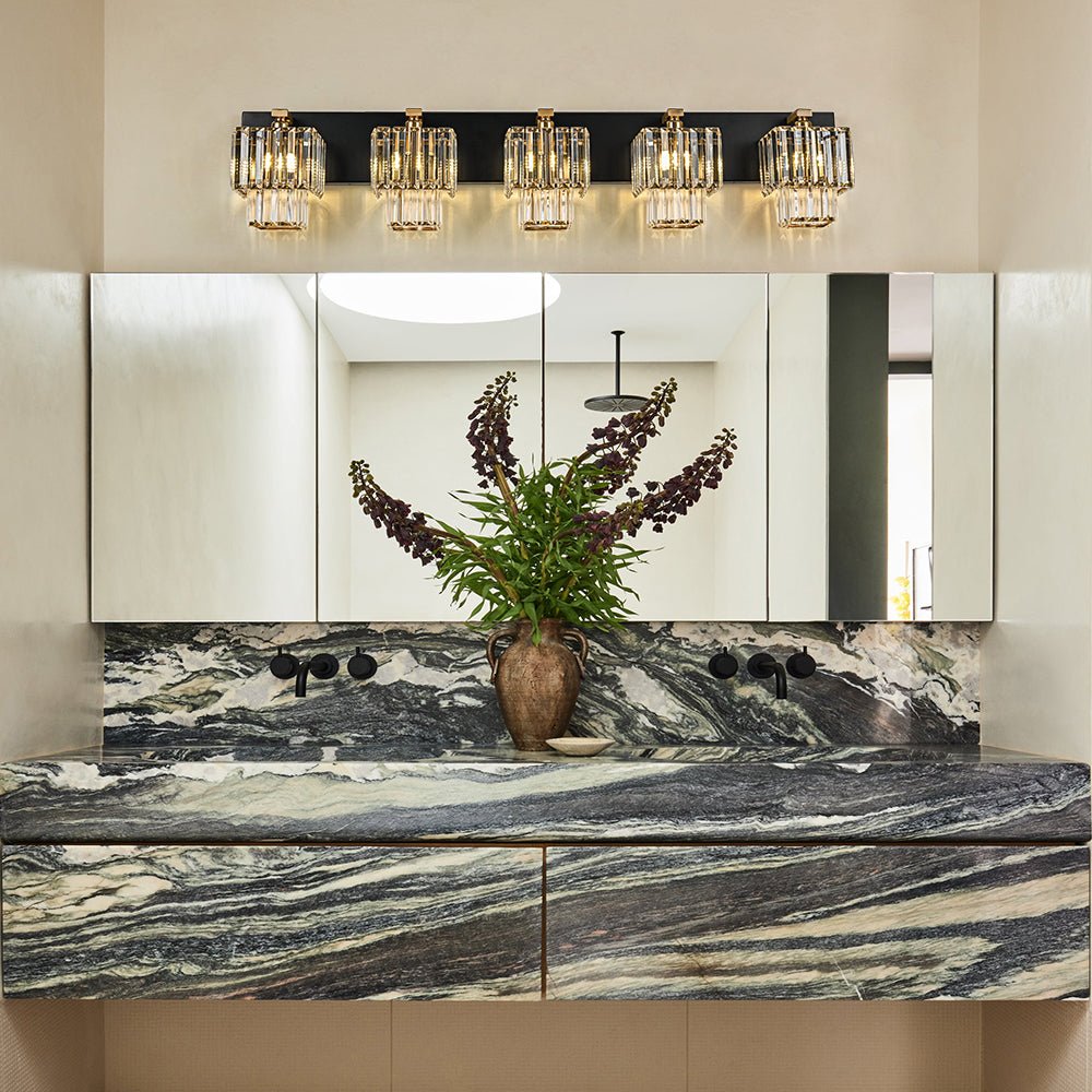 Lámpara de baño vintage de cristal, diseño cuadrado glam con 5 luces.