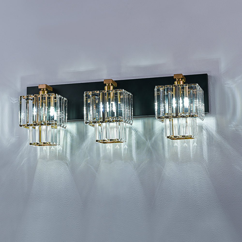 Luz de tocador glamurosa con 4 luces, cristal y marco dorado cuadrado.