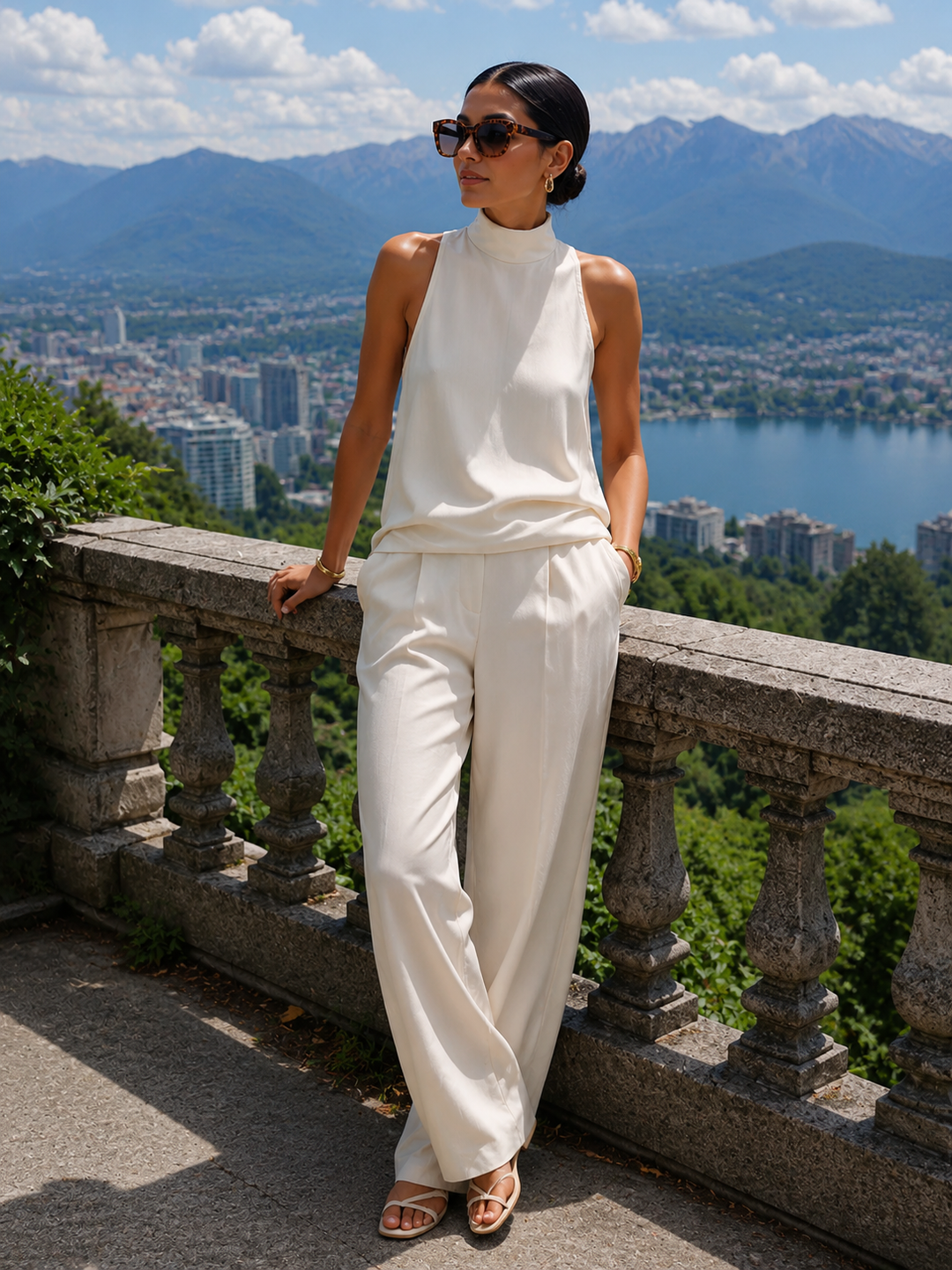 Conjunto femenino de lino y algodón, con pantalón y top cuello alto, diseño cómodo y elegante.