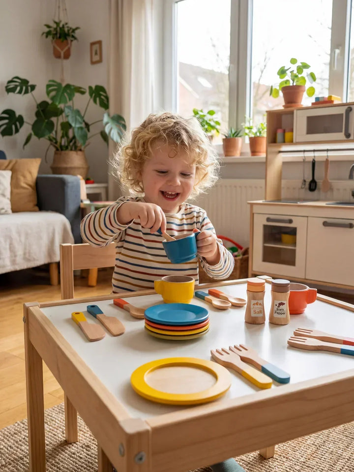Vajilla de madera multi-piezas para juego de cocina. Juguete educativo que estimula la imaginación y el desarrollo de niños.