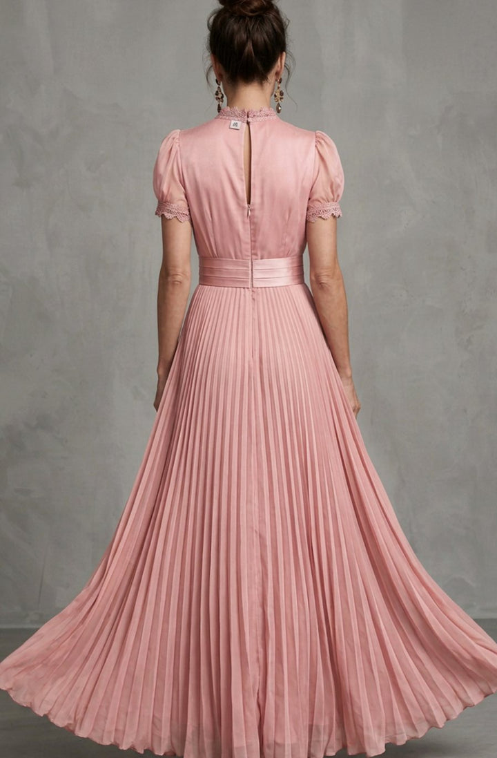 Vestido de fiesta para mujer, largo y plisado, con escote halter y mangas abullonadas. Estilo chic para galas.
