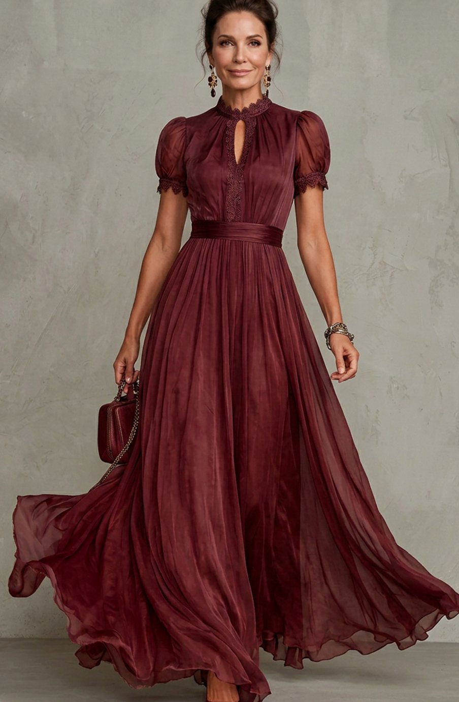 Moderno vestido plisado largo de mujer con escote halter y mangas abullonadas. Ideal para eventos y ceremonias.