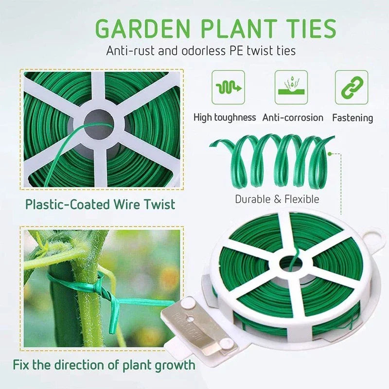 Jardinero usando cinta de alambre para sujetar tallos delicados, herramienta de jardinería para plantas.
