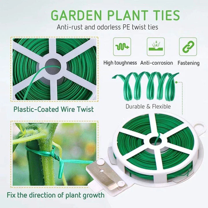 Jardinero usando cinta de alambre para sujetar tallos delicados, herramienta de jardinería para plantas.