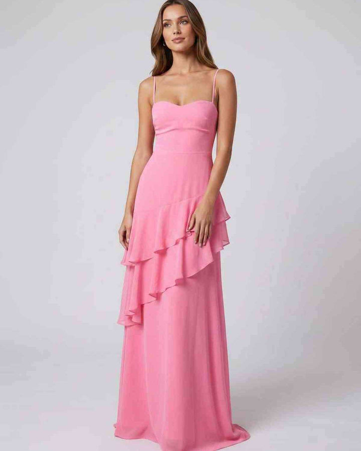 Vestido de noche mujer, con volantes, escote V y diseño ajustado. Ideal para celebraciones y eventos especiales.