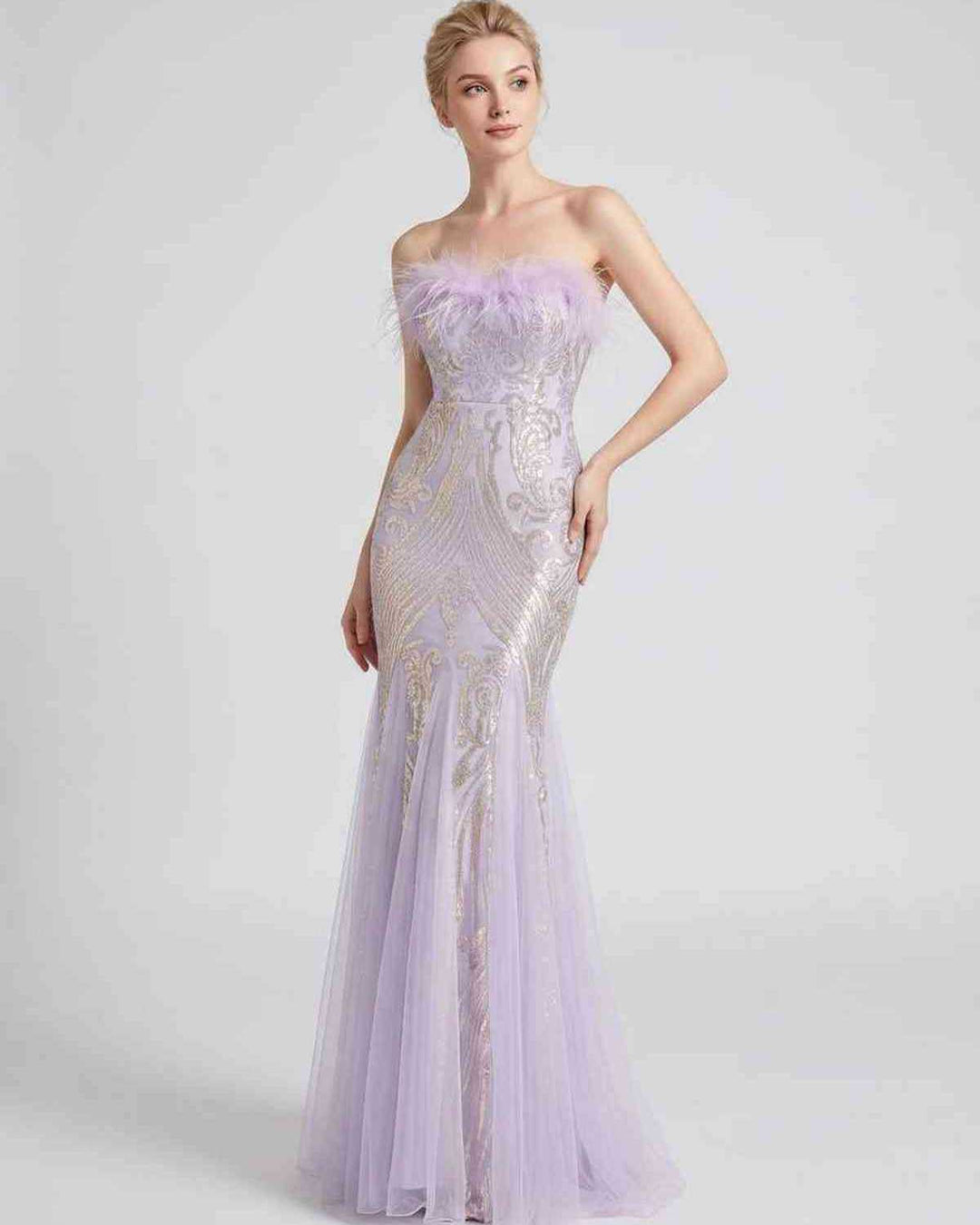 Vestido de fiesta para mujer, lentejuelas, plumas y diseño sirena. Alta costura.