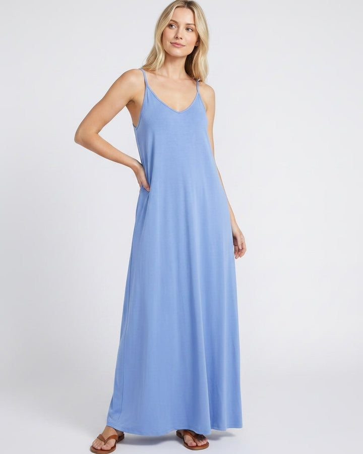 Vestido veraniego elegante para mujer, escote en V, sin mangas y con bolsillos.