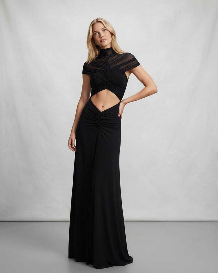 Vestido formal maxi, cuello alto, con favorecedor corte en la cintura. Ropa de mujer para fiesta de noche.