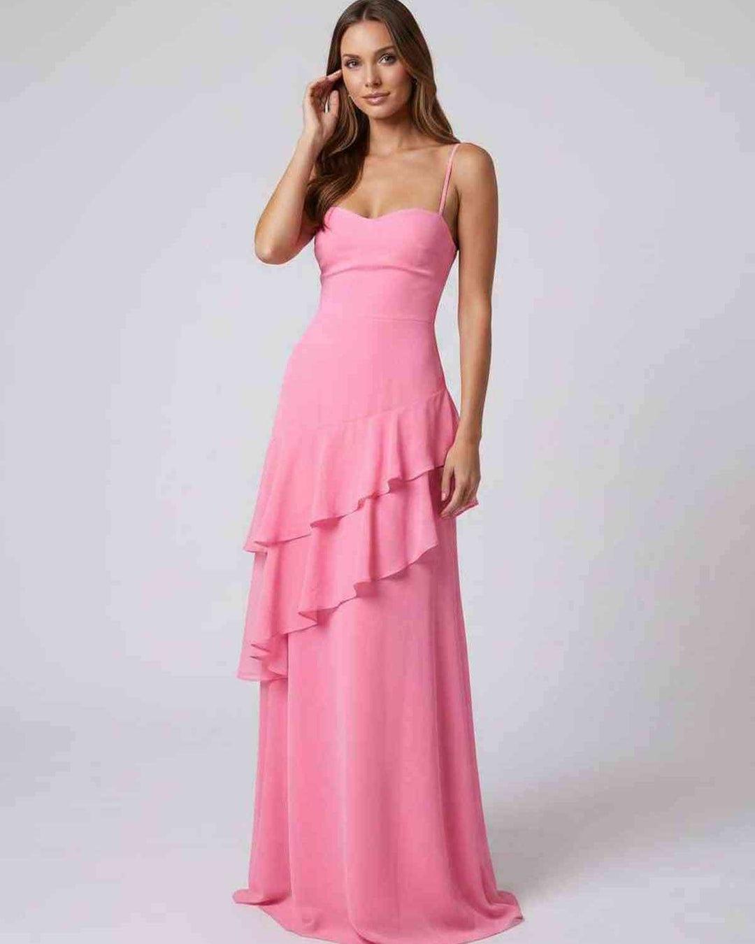 Vestido largo de noche para mujer con volantes, escote V. Estilo ajustado y sin espalda para fiesta.