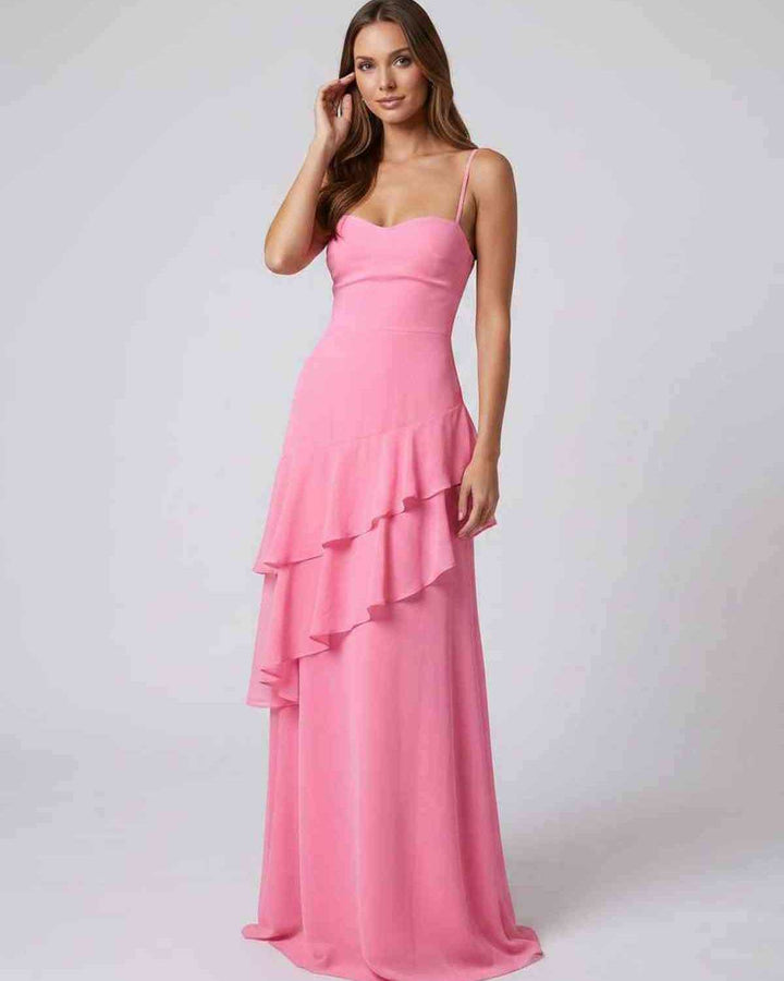 Vestido largo de noche para mujer con volantes, escote V. Estilo ajustado y sin espalda para fiesta.