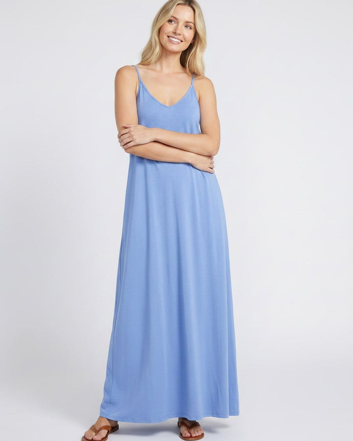 Vestido de vacaciones: maxi, con escote V, bolsillos y estilo cómodo para mujer.