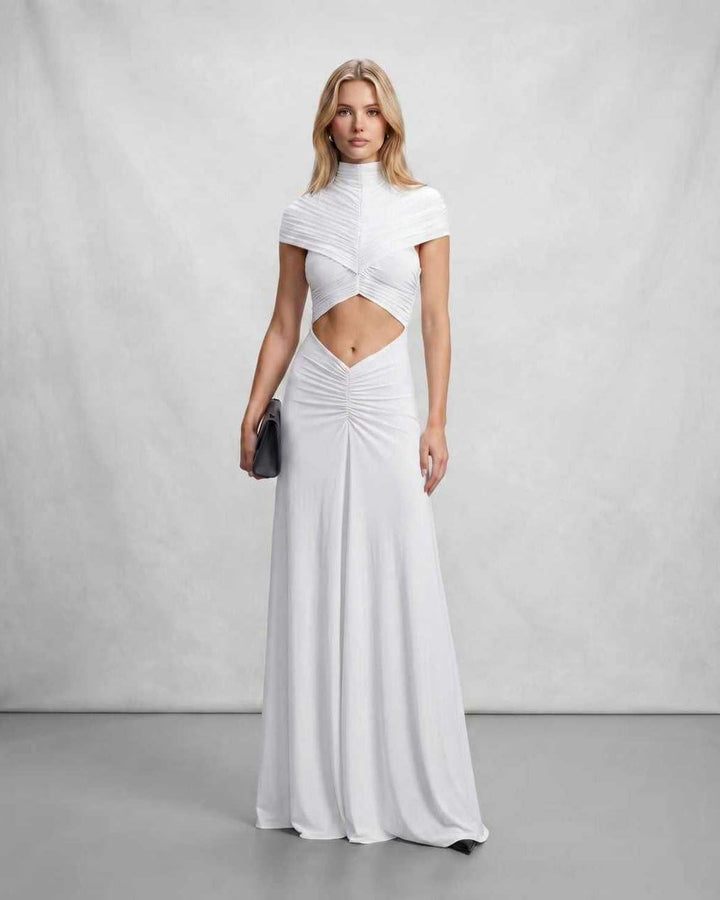 Vestido maxi femenino y elegante, cuello alto. El corte en la cintura realza la figura para eventos especiales.