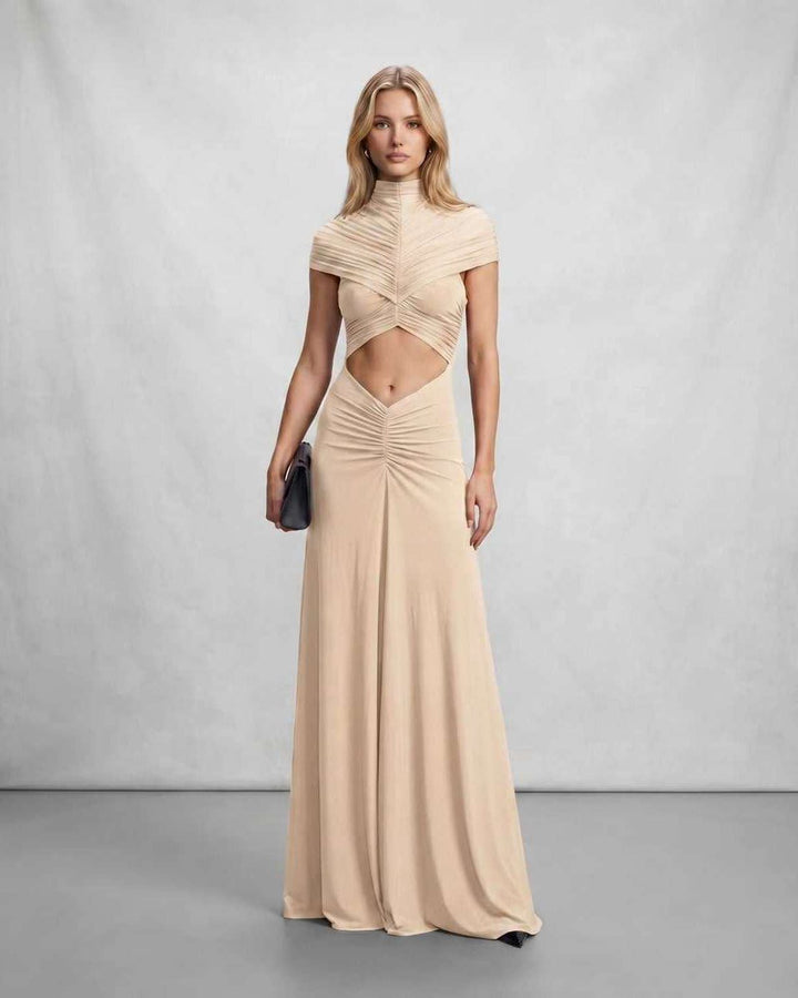 Vestido maxi elegante y chic para mujer, con cuello alto y moderno corte en la cintura. Ideal para fiestas.