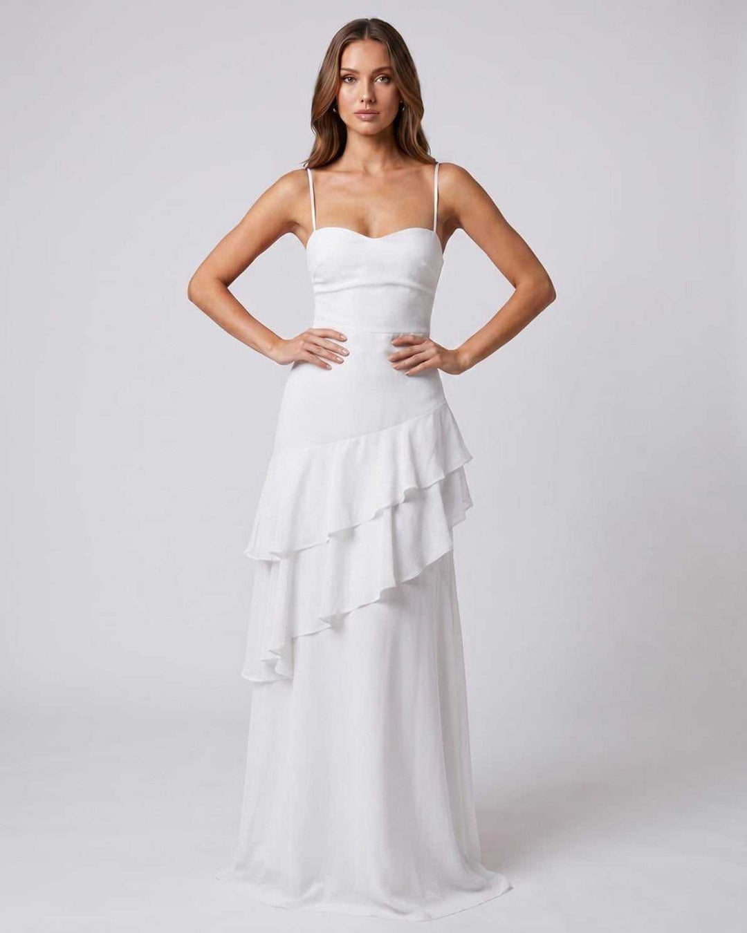 Vestido de noche para mujer, con volantes, escote V y diseño sin espalda. Ajustado y glamuroso para fiesta.