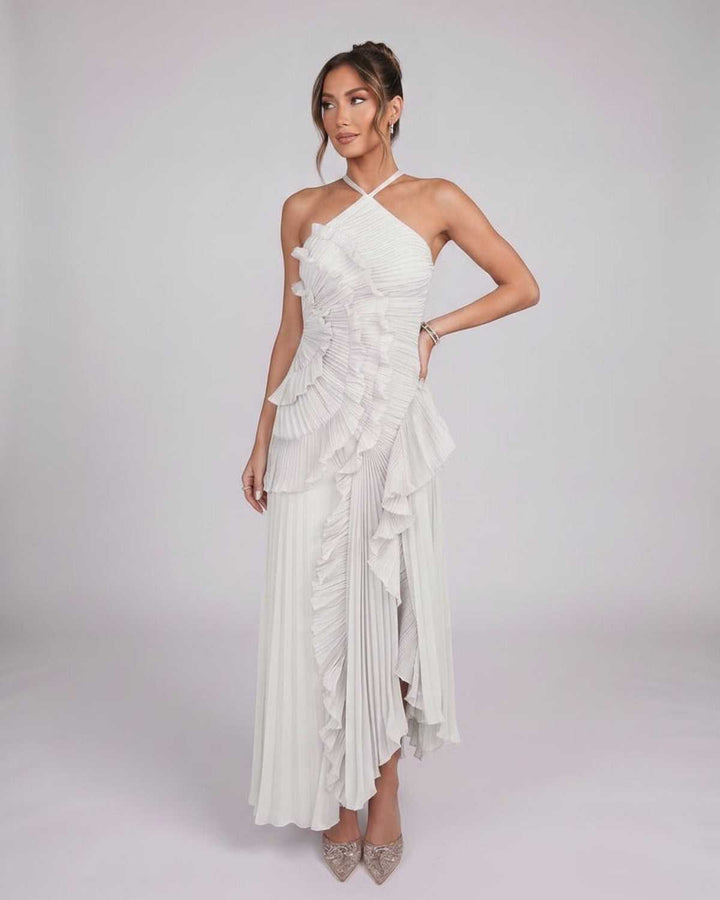 Vestido para eventos especiales de mujer, maxi asimétrico sin mangas, muy elegante y fluido.