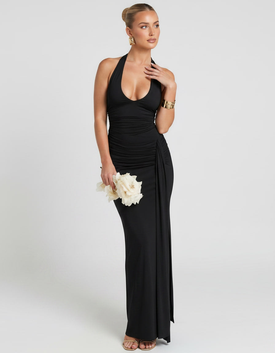 Vestido Solvienne de mujer, maxi, sin mangas, con fruncido y espalda abierta.