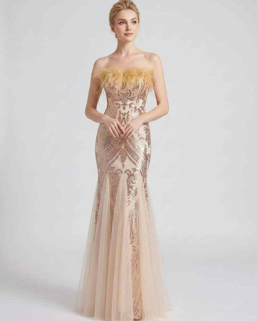 Vestido maxi de noche con lentejuelas y plumas, sin mangas. Para brillar en la oscuridad.