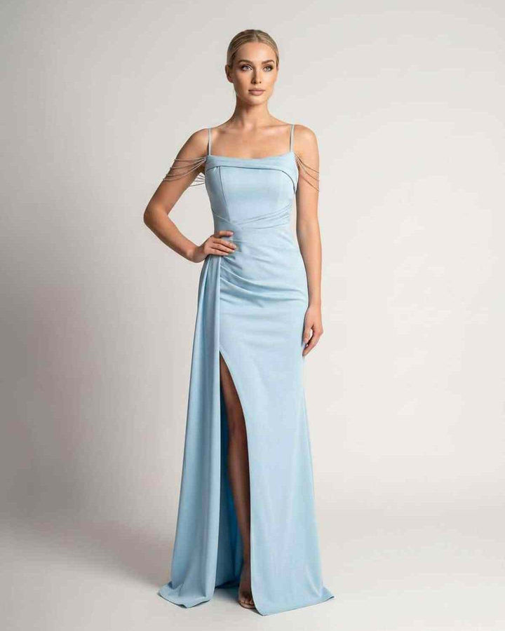 Vestido de noche deslumbrante, largo, tirantes finos, moda mujer.