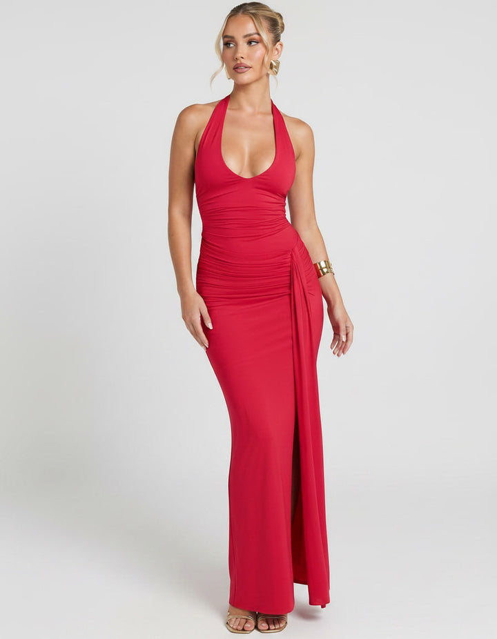 Vestido de celebración maxi, sin mangas, espalda abierta, ideal para un look elegante.