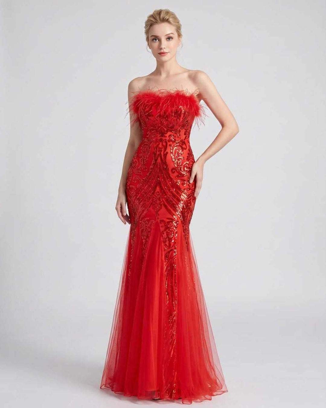 Vestido de fiesta off-shoulder para mujer, con lentejuelas y plumas. Tendencia actual.